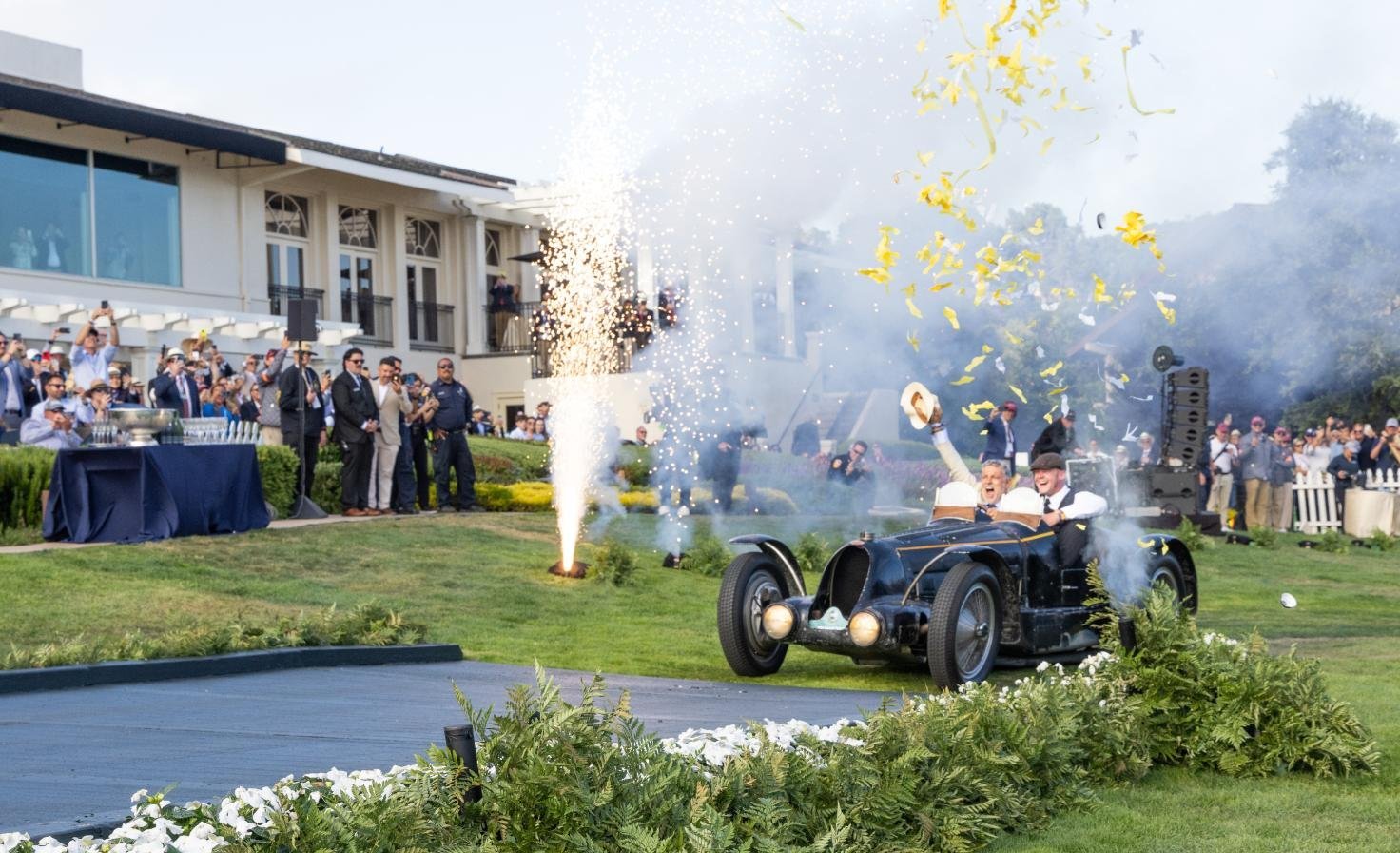 A winning car on the awards ramp at the Pebble Beach Concours