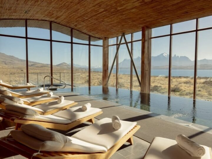 The glazed pool at Tierra Patagonia, looking towards Lake Sarmiento and the mountains.