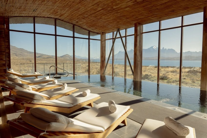 The glazed pool at Tierra Patagonia, looking towards Lake Sarmiento and the mountains.
