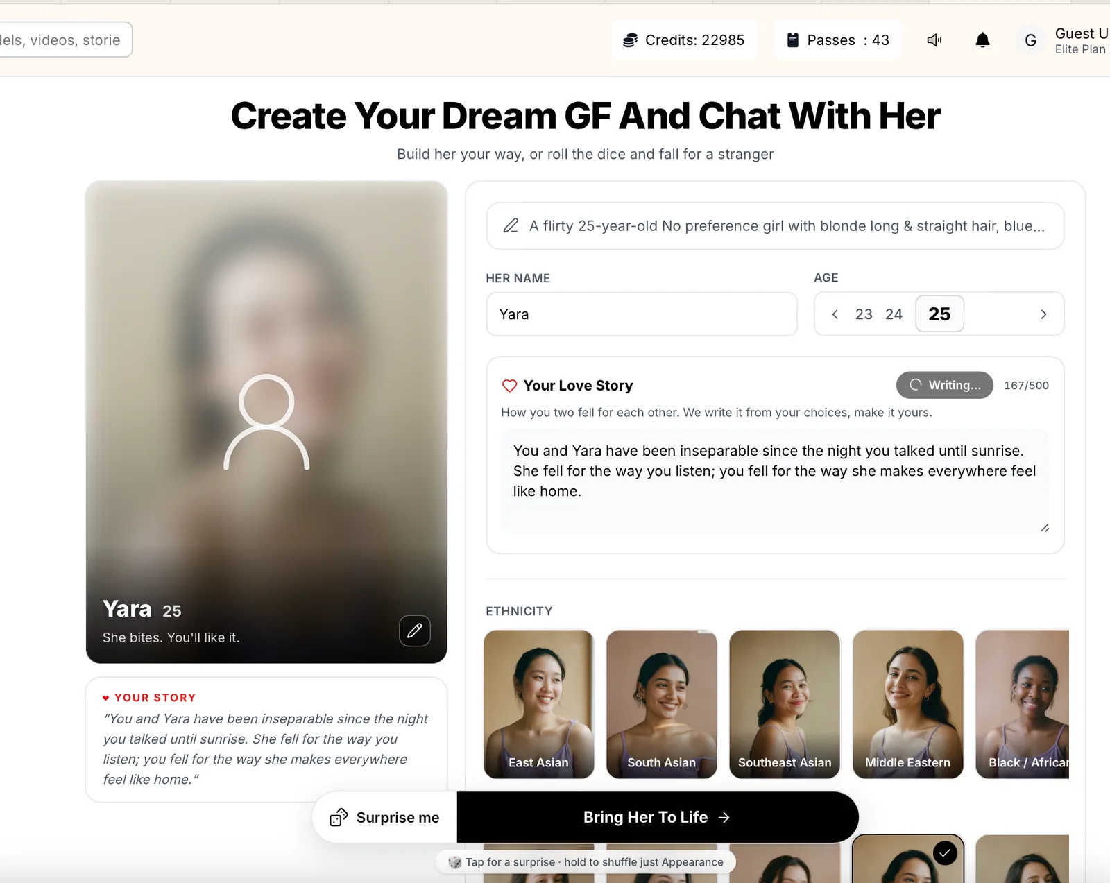 Character creation interface on an AI girlfriend website