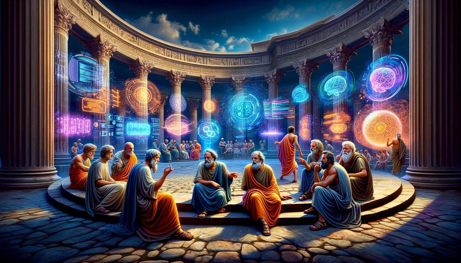 Illustration of philosophers gathered in a classical hall with futuristic holograms behind them