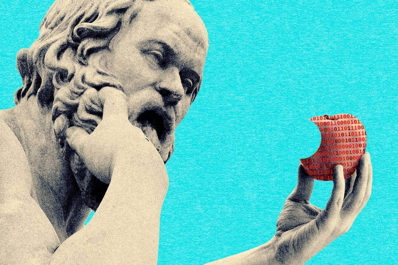Classical statue of Socrates biting an apple printed with binary code