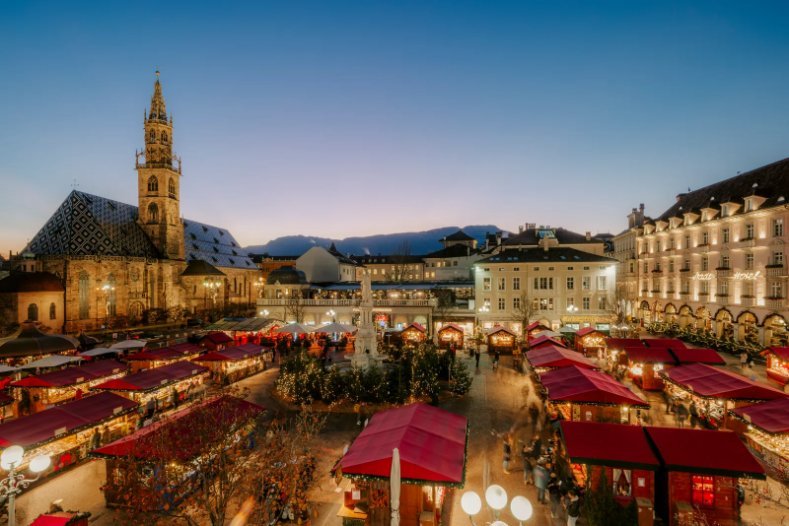 Stalls of the Bolzano Christmas market in Piazza Walther