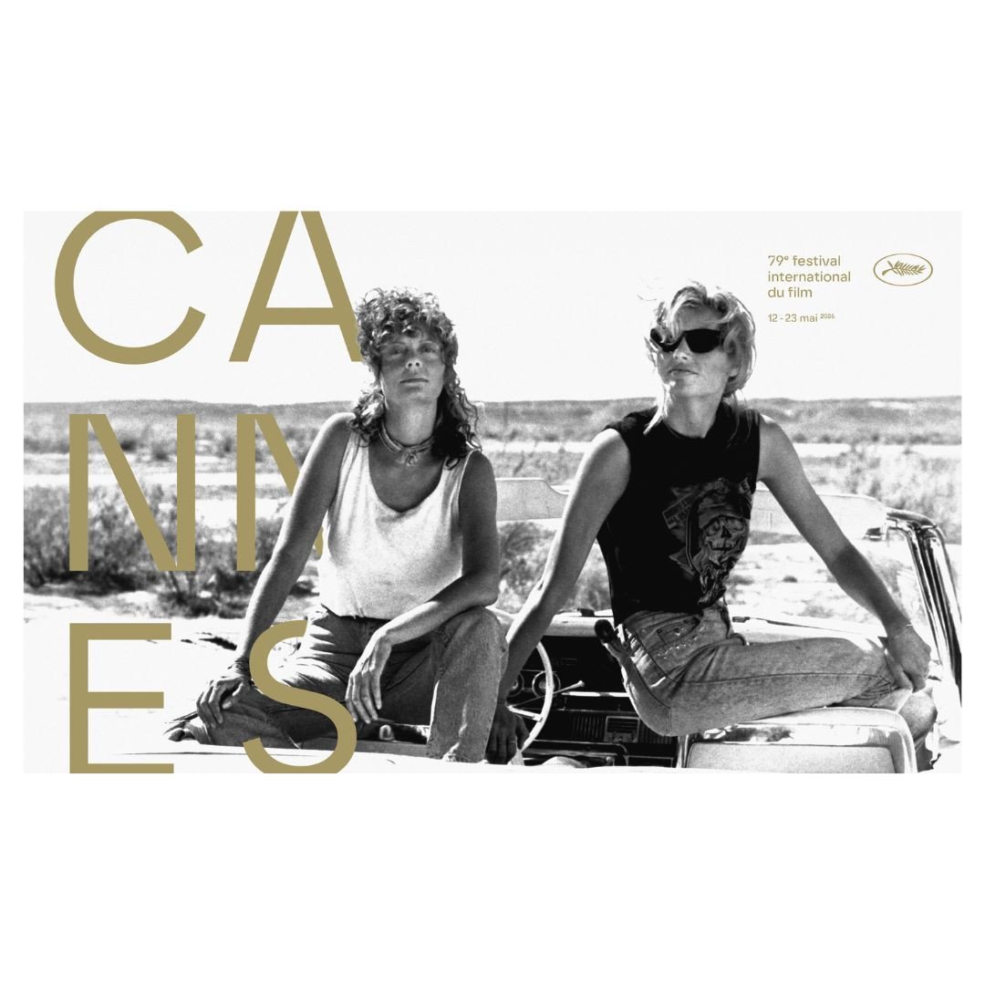 The official 2026 Cannes poster, with Geena Davis and Susan Sarandon on the set of Thelma & Louise
