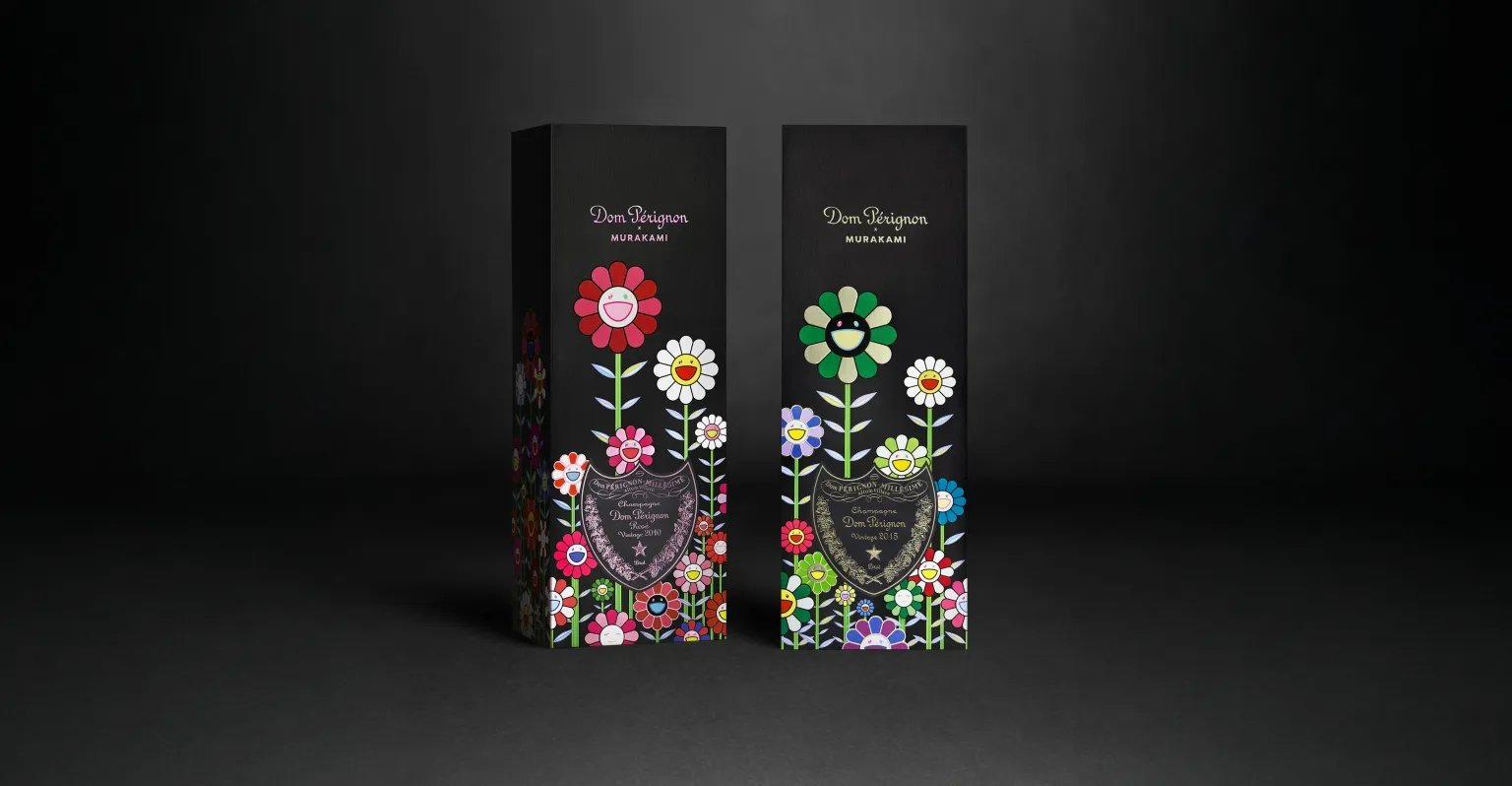 Dom Pérignon Vintage 2015 and Rosé Vintage 2010 boxes decorated with Takashi Murakami's flowers