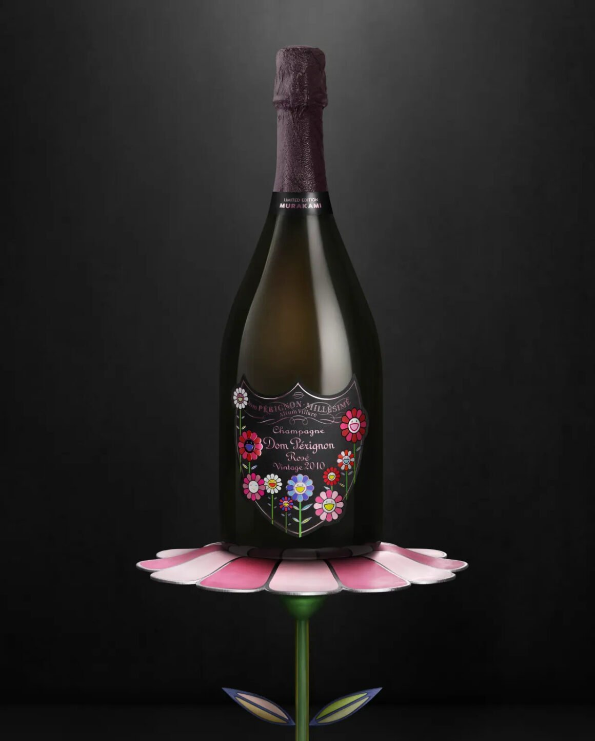 Dom Pérignon Rosé Vintage 2010 bottle with Takashi Murakami's flower label