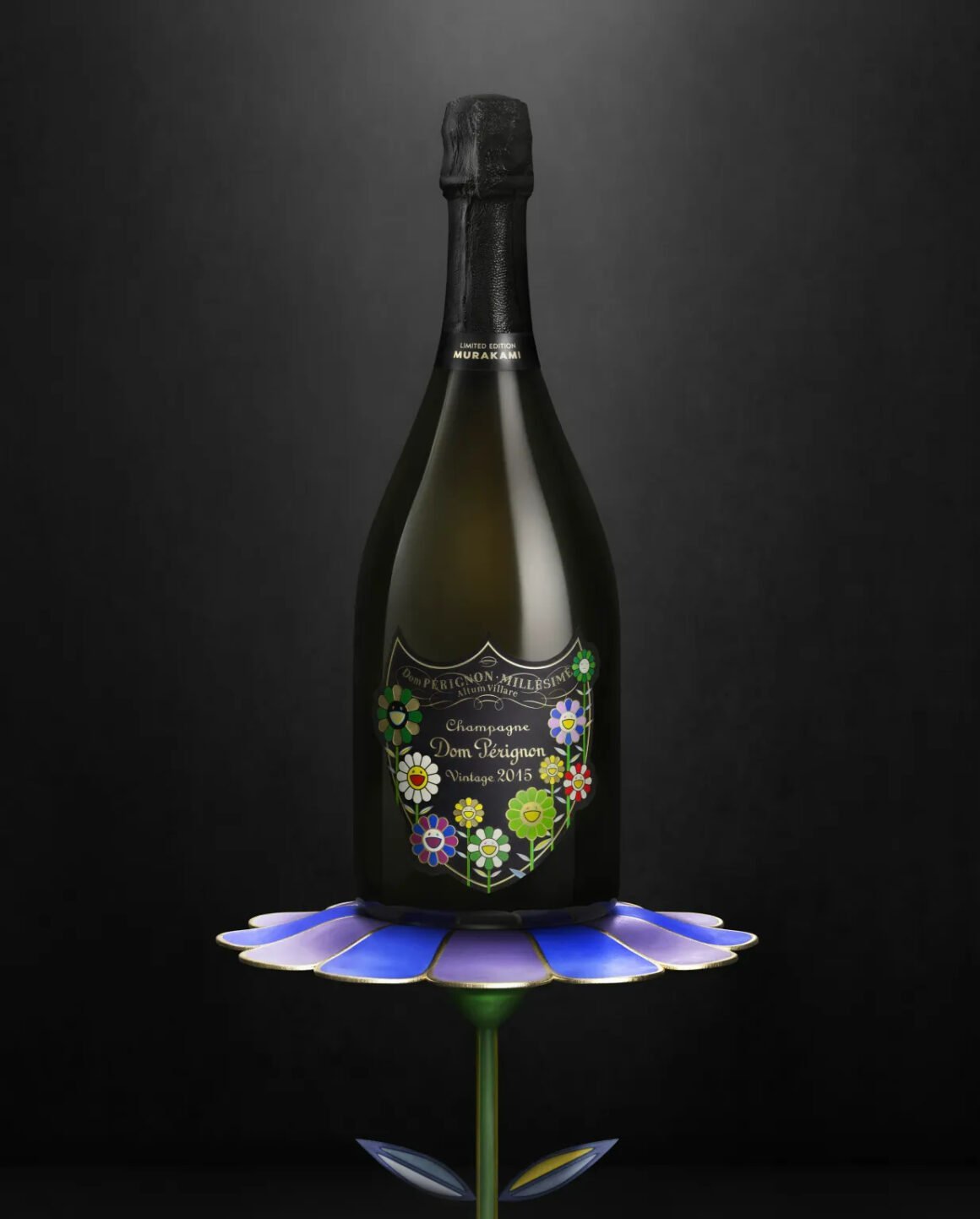 Dom Pérignon Vintage 2015 bottle with Takashi Murakami's flower label