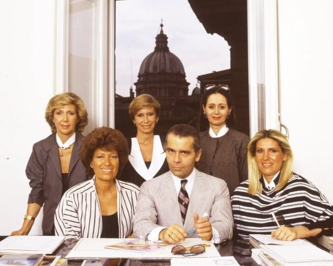 The Fendi sisters and Karl Lagerfeld in an archival photograph. Courtesy of Fendi.