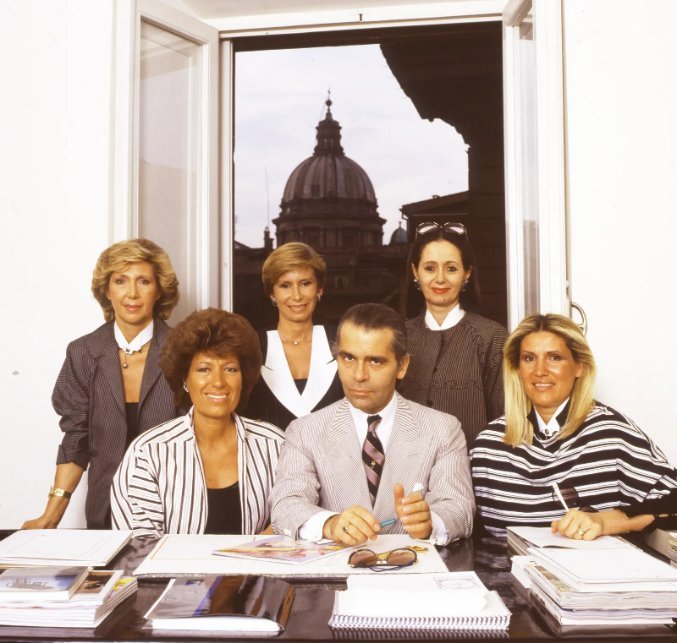The Fendi sisters and Karl Lagerfeld in an archival photograph. Courtesy of Fendi.