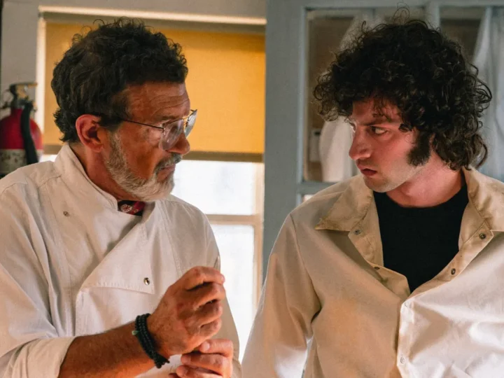 Antonio Banderas and Dominic Sessa in Tony. Courtesy of A24.