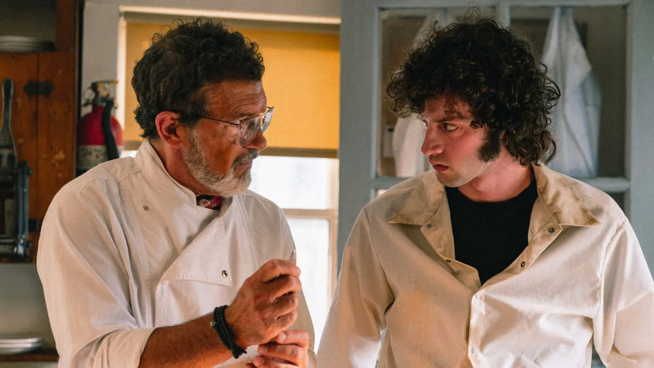 Antonio Banderas and Dominic Sessa in Tony. Courtesy of A24.