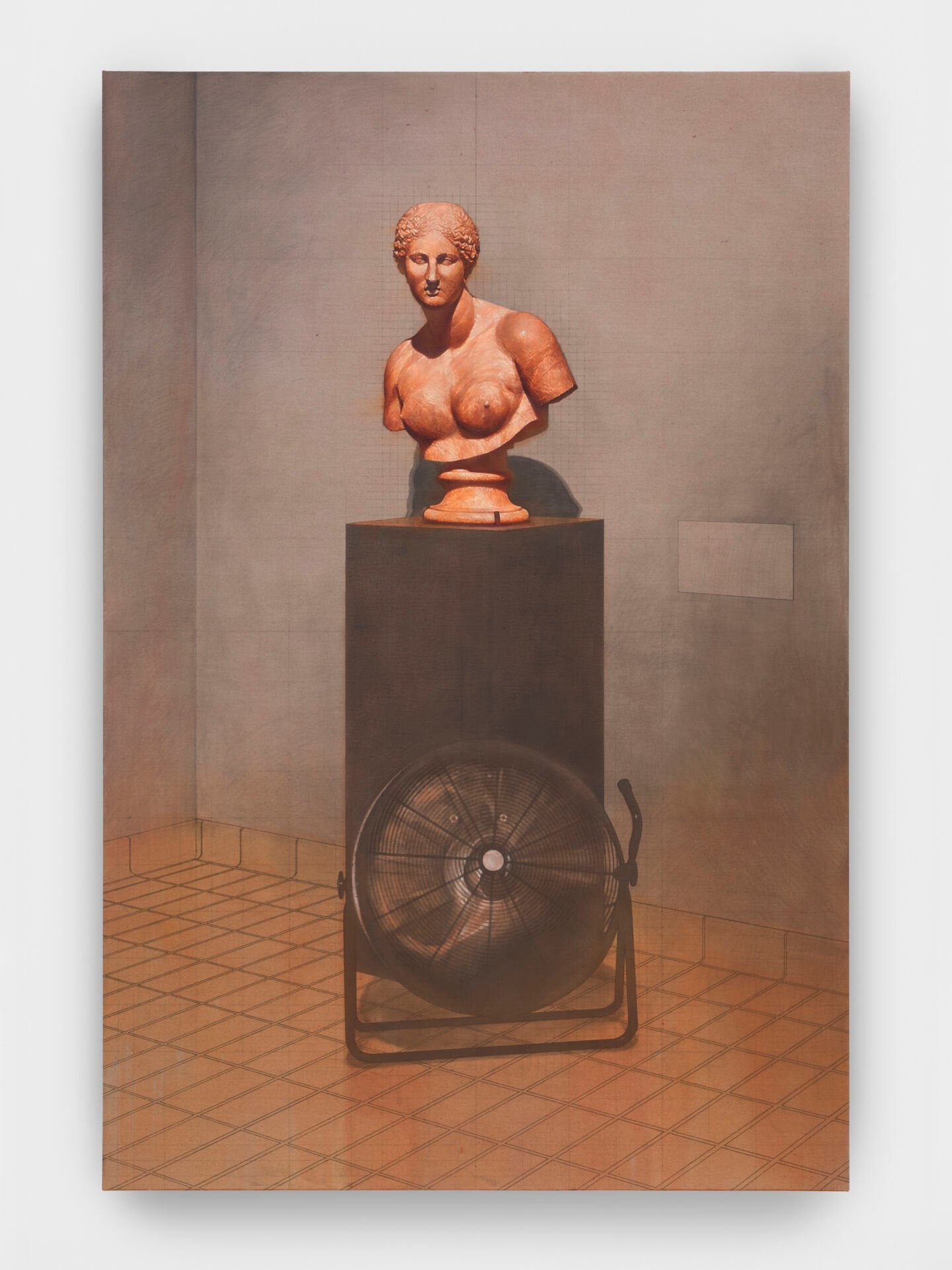 Painting by Esteban Jefferson pairing an antique bust with conservation equipment