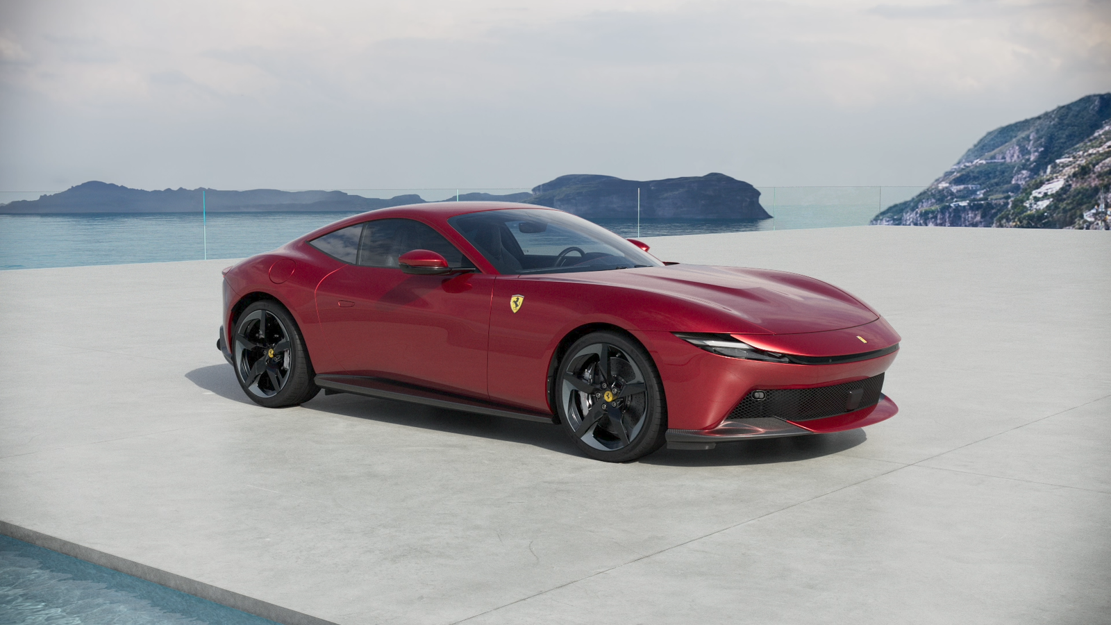 The Ferrari Amalfi in red on a coastal terrace