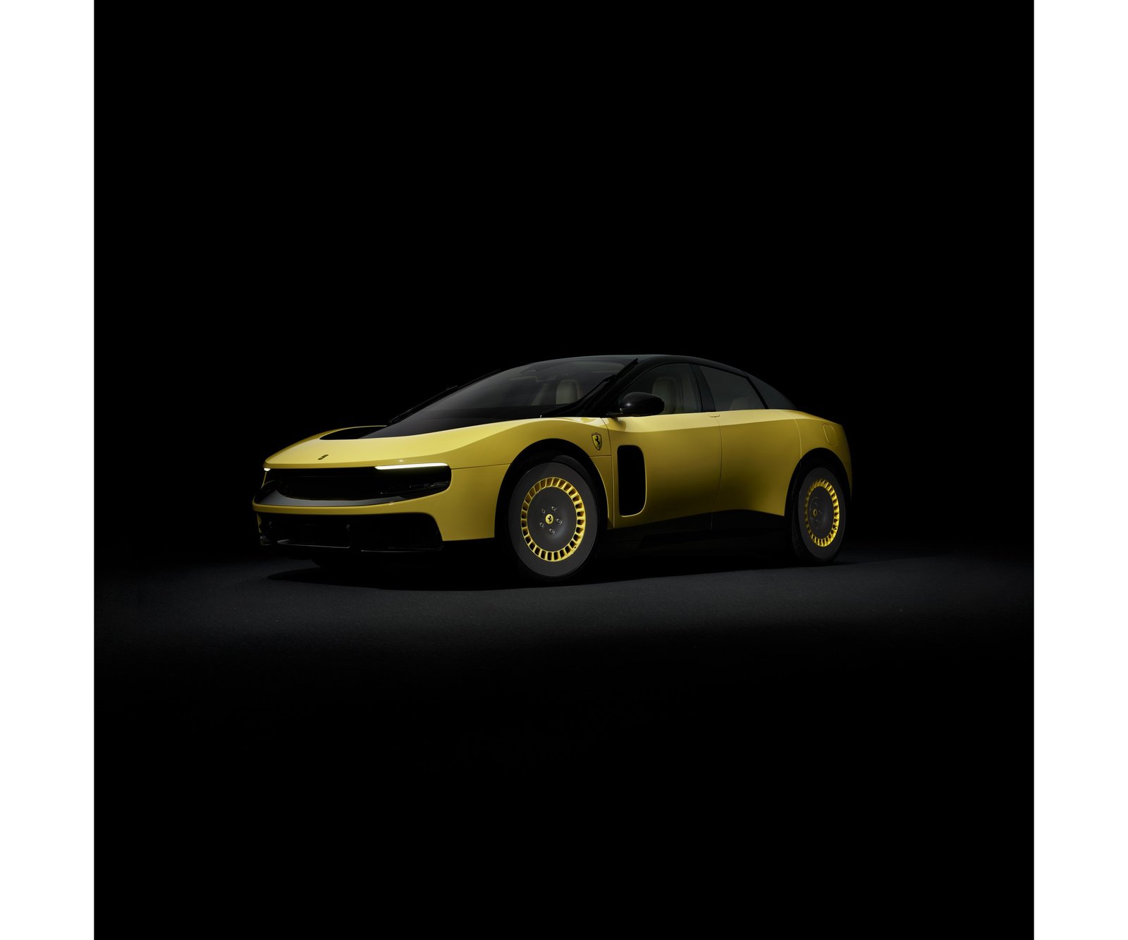 Ferrari Luce in yellow, three-quarter view
