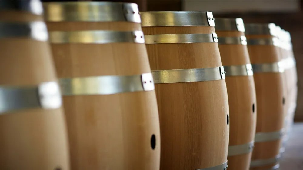 Oak barrels ageing wine in a cellar