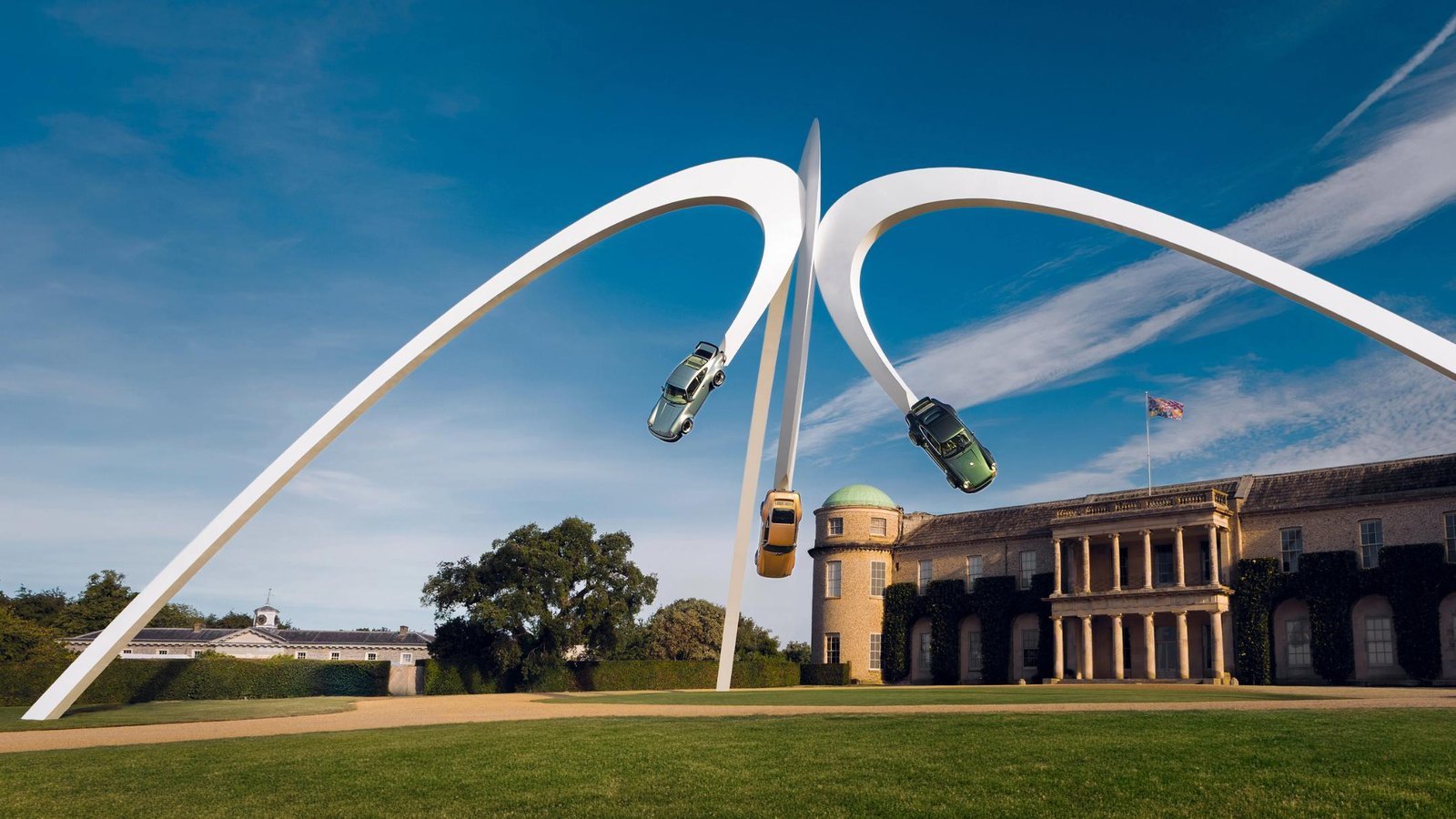 The central sculpture at Goodwood Festival of Speed with Porsches