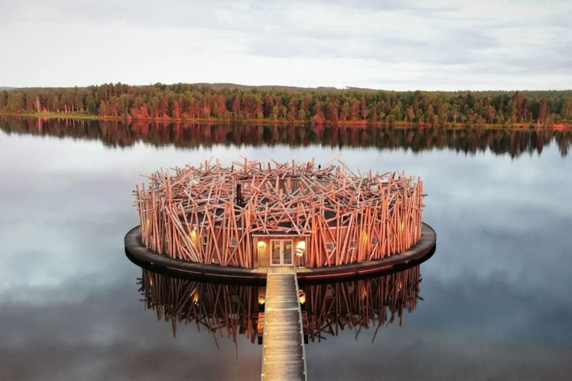 Steam rising inside a wooden sauna
