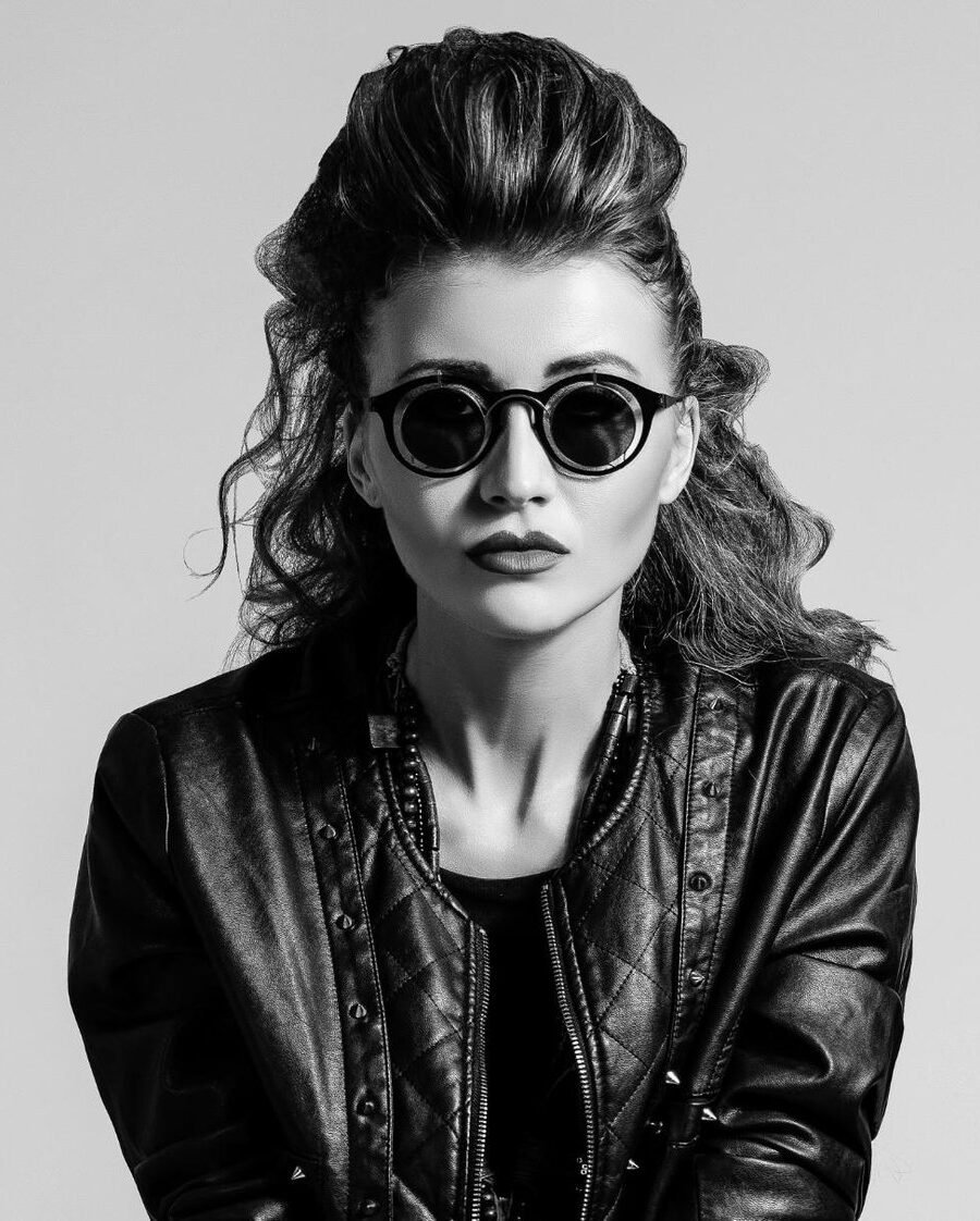 Black-and-white portrait of DJ Julia Bliss
