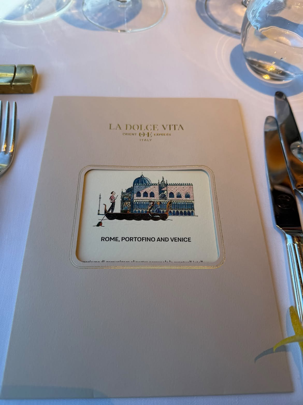 La Dolce Vita Orient Express menu card: Rome, Portofino and Venice