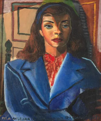 A painted portrait of a woman in a blue coat and red blouse, from Lilian Camelli’s work.