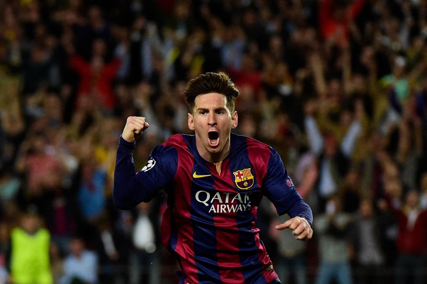 Lionel Messi celebrating a goal for FC Barcelona in the 2015 Champions League