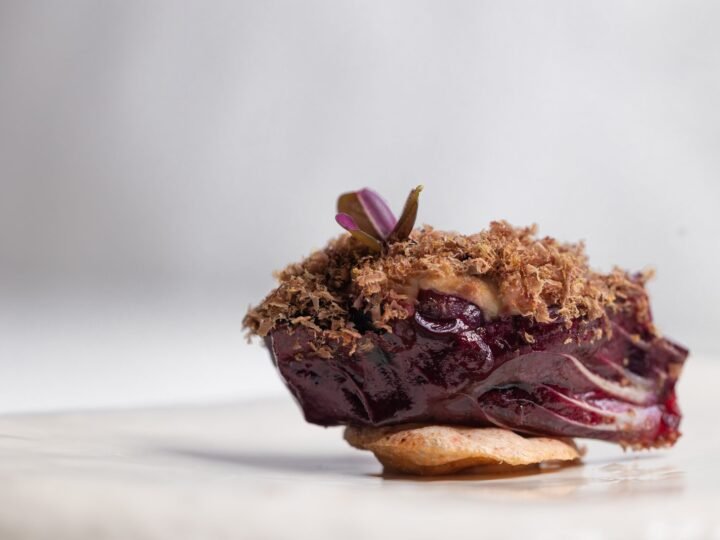 Beetroot, duck heart, cocoa nibs and radicchio at Maní, São Paulo.