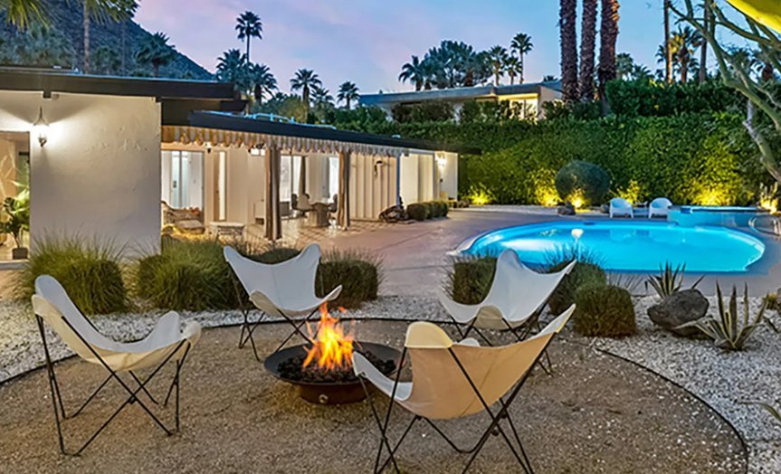 Pool and garden of the Doll House beneath the San Jacinto Mountains