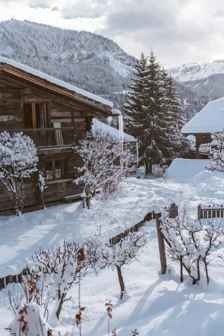 Snow-covered chalets of Les Fermes de Marie in Megève