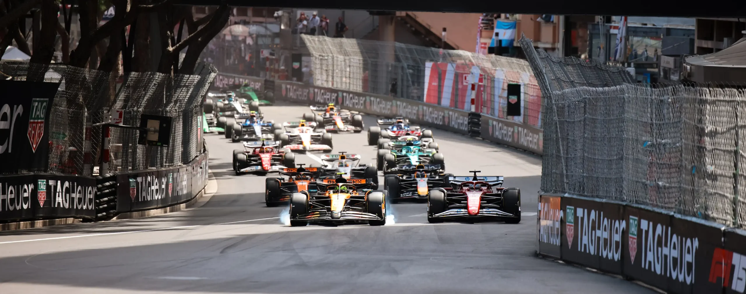 Formula 1 cars on the Monaco street circuit during the Grand Prix