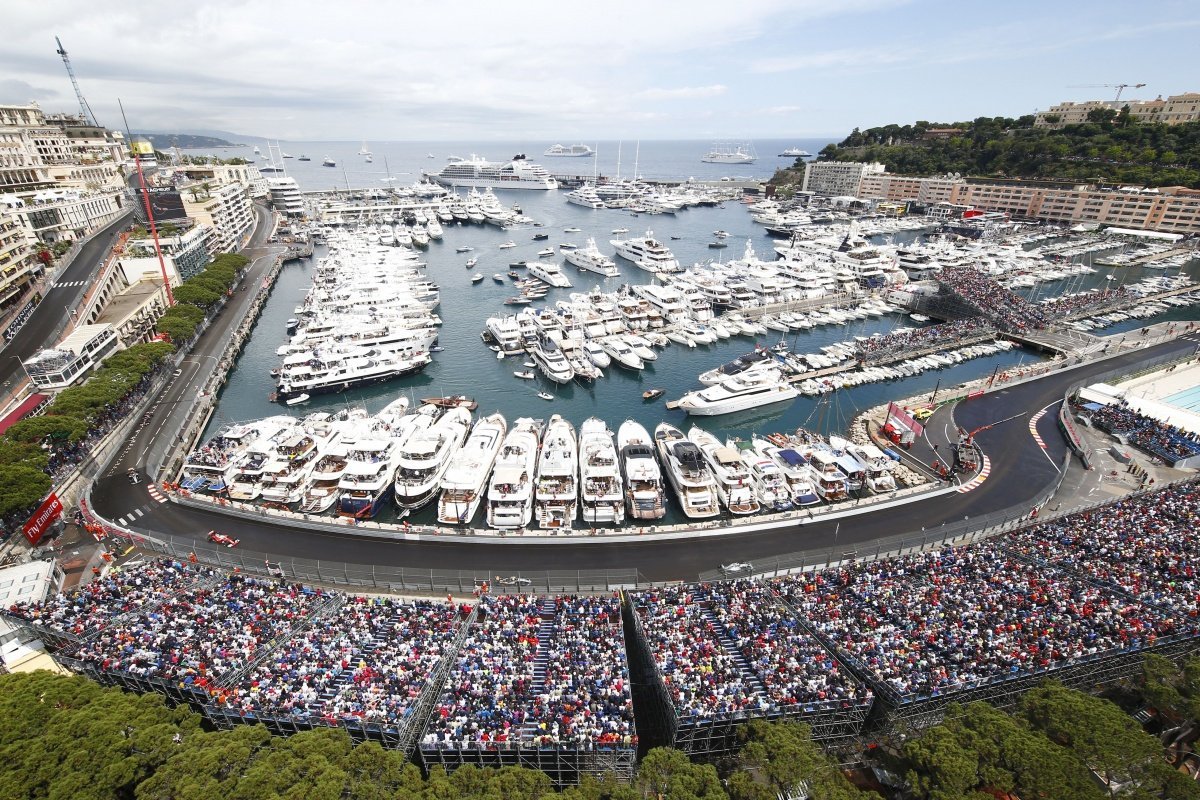 Aerial view of the Monaco circuit and Port Hercule filled with yachts during the Grand Prix