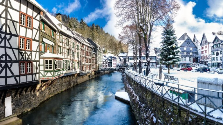 Half-timbered houses of Monschau in winter