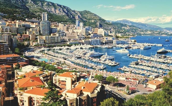 Panorama of Monte-Carlo, Port Hercule and the hillside of the principality