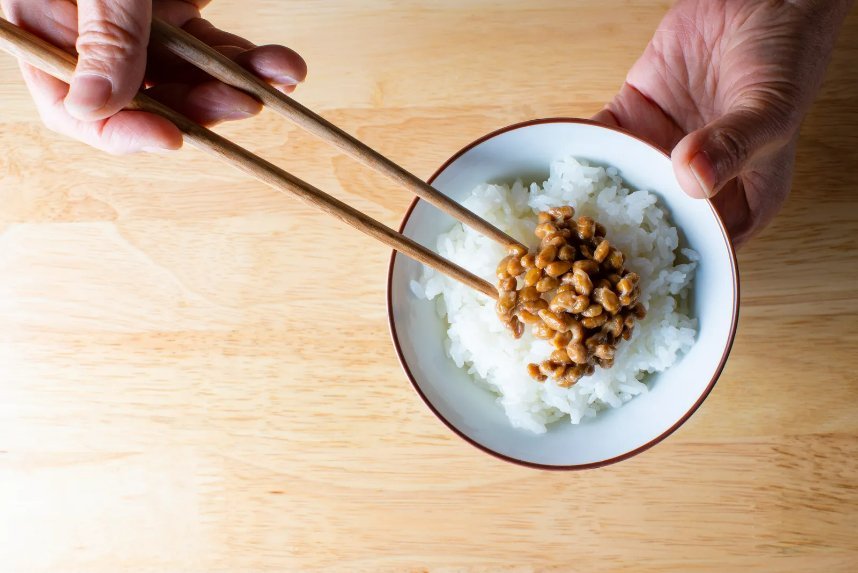 Natto, fermented soybeans, served over rice