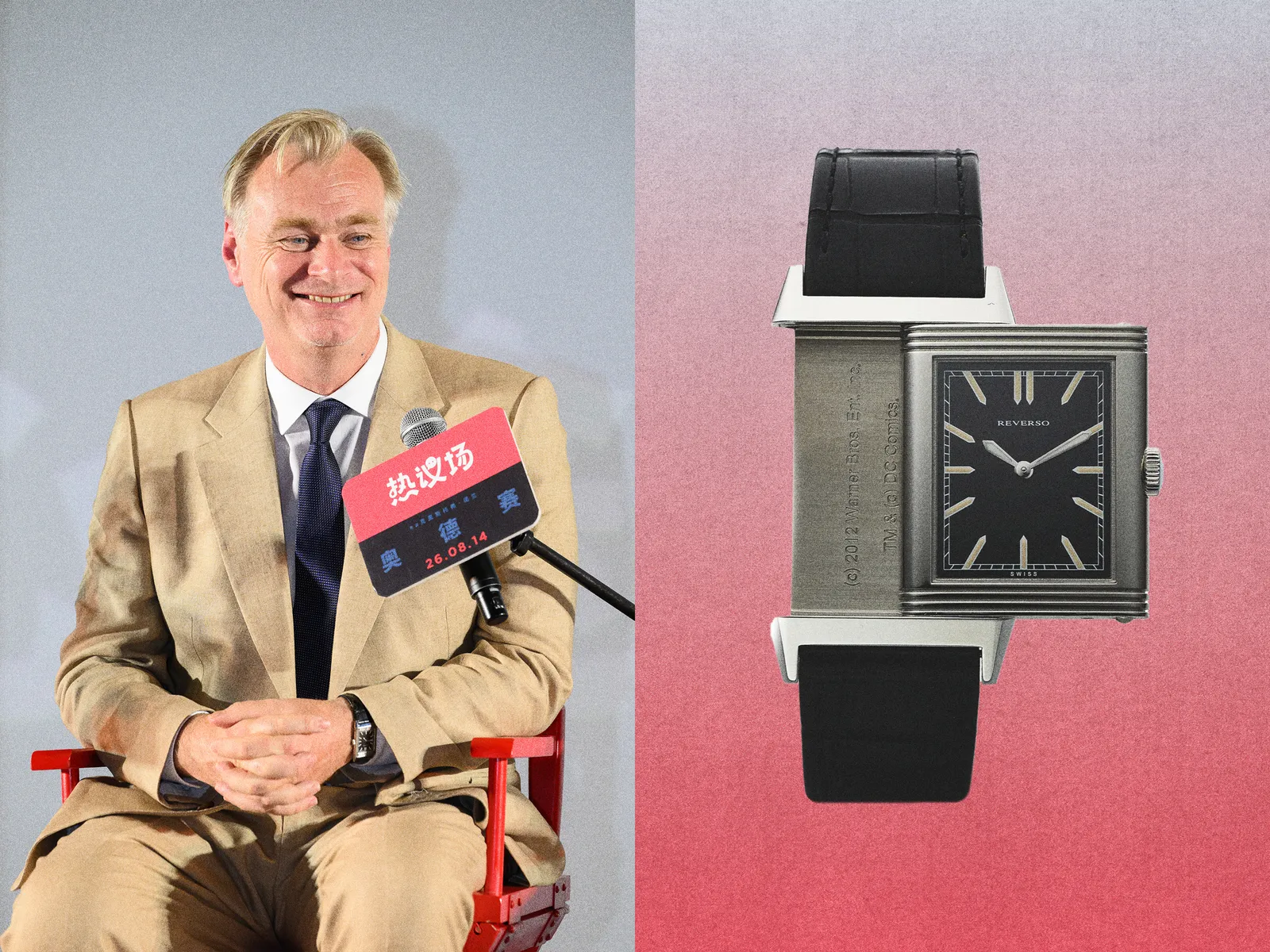 Christopher Nolan showing the dial of his Reverso during an interview