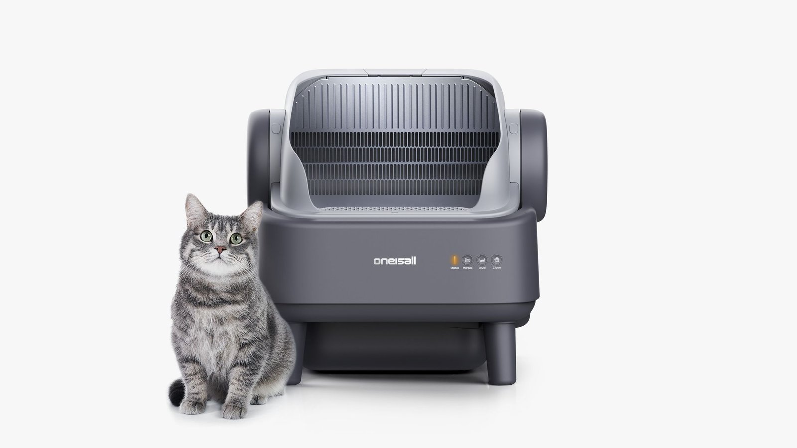 A cat beside the Oneisall Ease S1 self-cleaning litter box