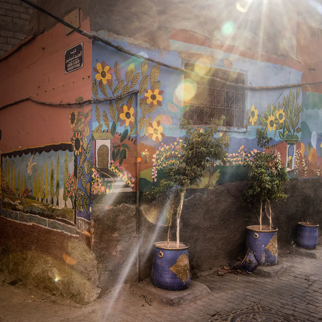 Colourful facade in Marrakech with hard light and deep shadows
