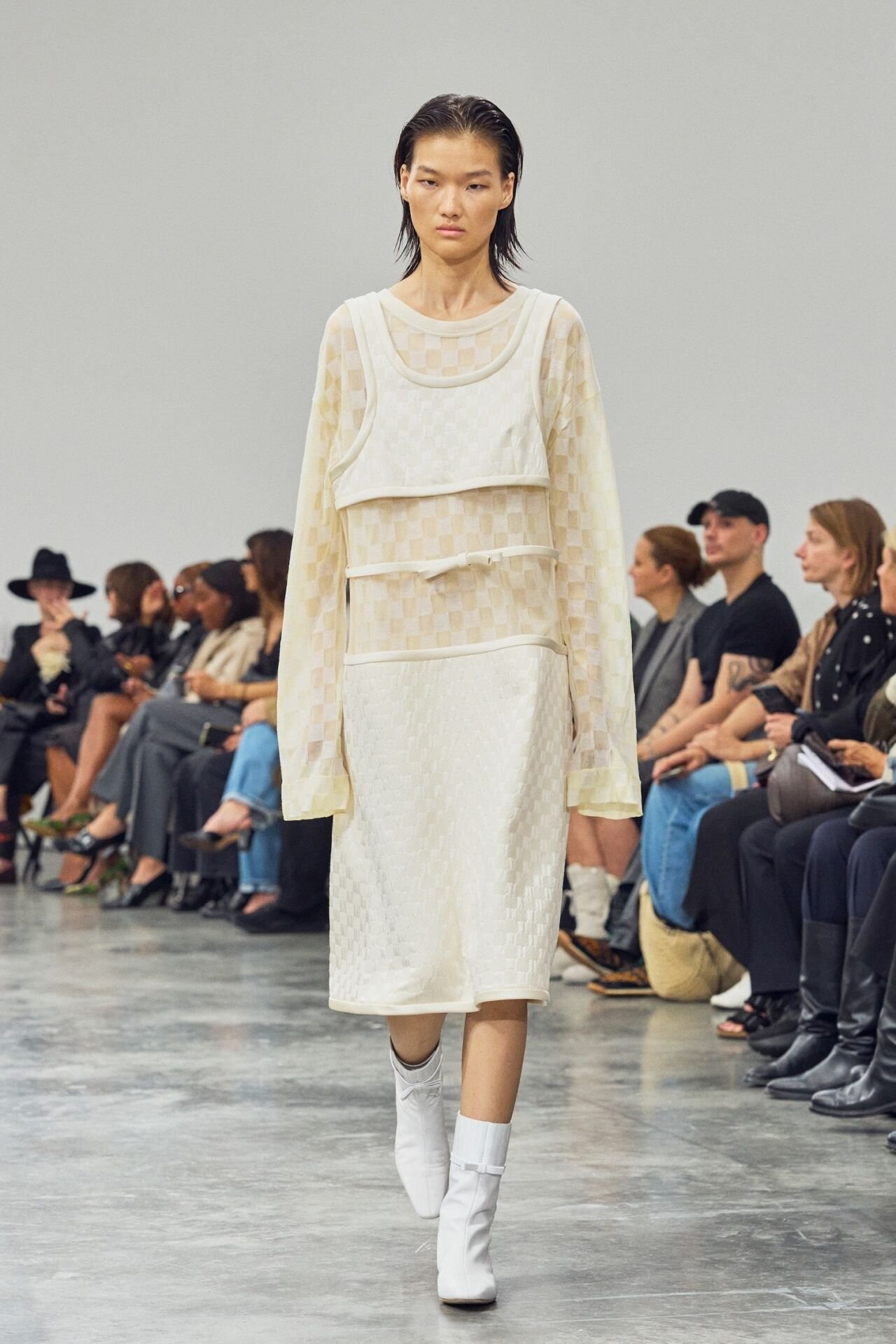 Look from Drew Henry's debut Courrèges Spring/Summer 2027 show at the Palais de Tokyo