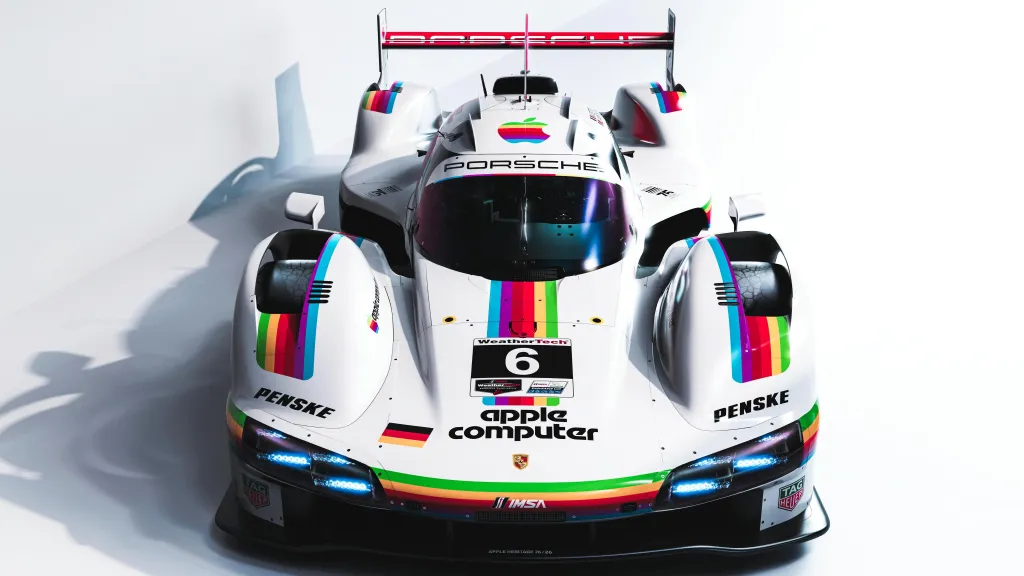 Porsche 963 in the Apple Computer rainbow livery at Laguna Seca
