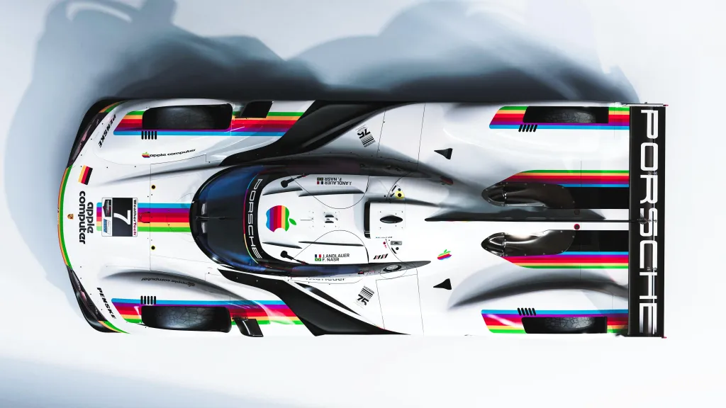 Overhead view of the Porsche 963 in the Apple Computer livery