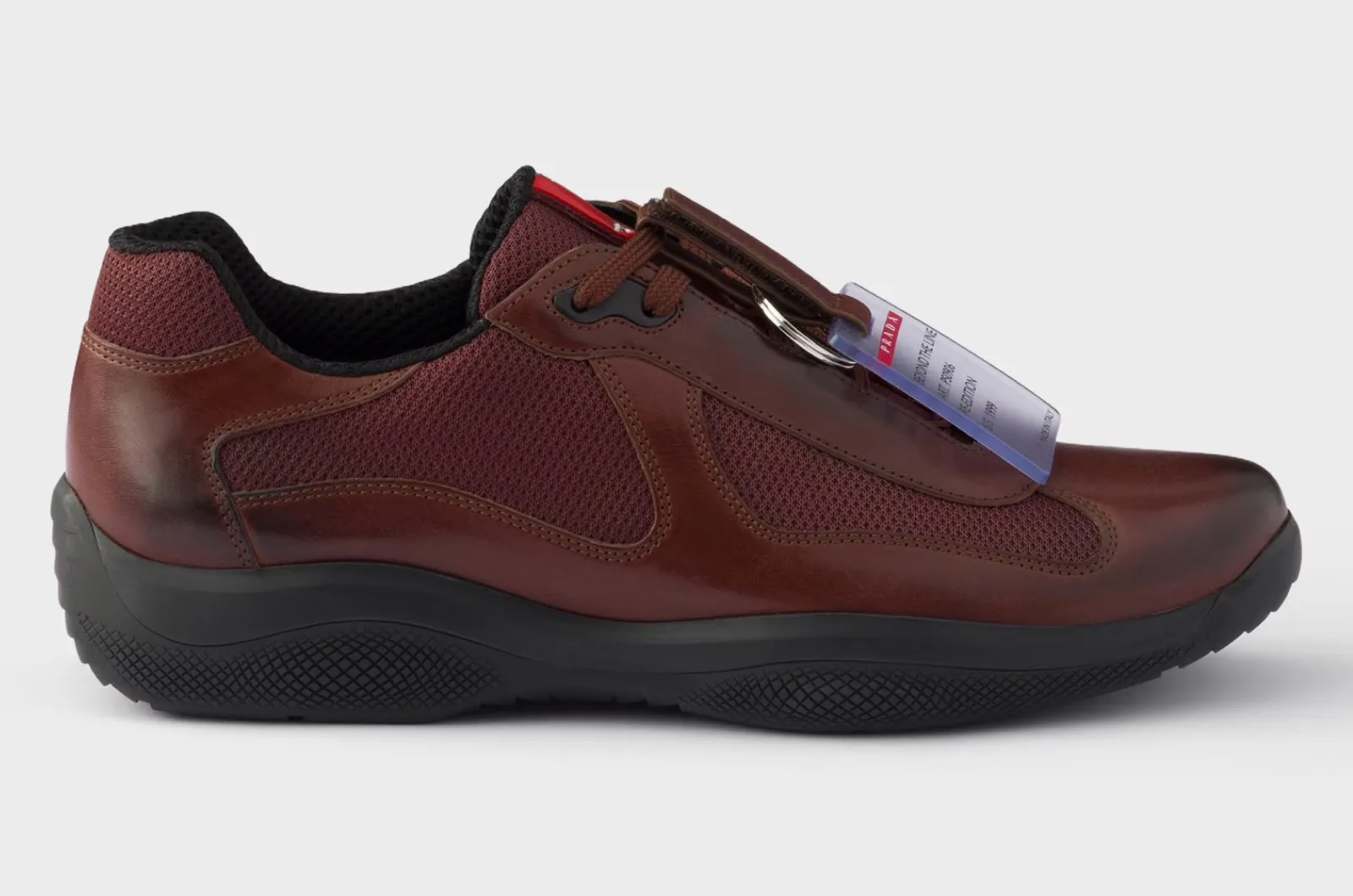 Prada America's Cup sneaker in Cacao/Bordeaux, dark brown with wine-red accents