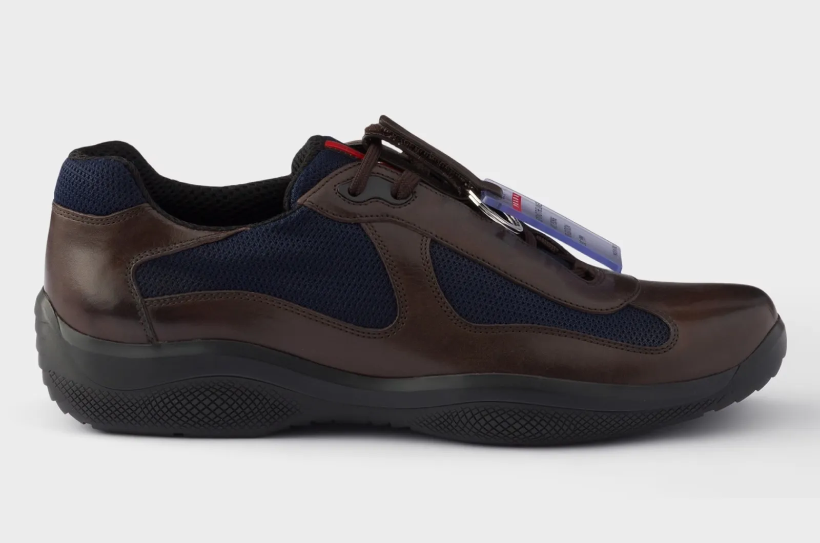 Prada America's Cup sneaker in Teak/Blue, brown with blue details
