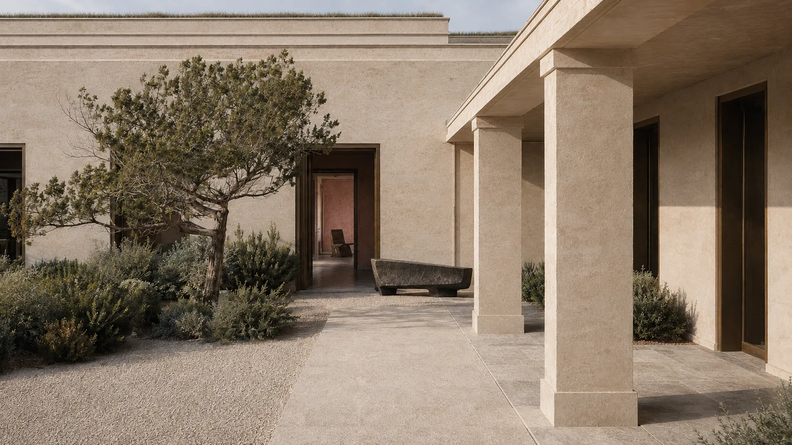 Arrival courtyard with stone colonnade, a pine and a carved stone bench