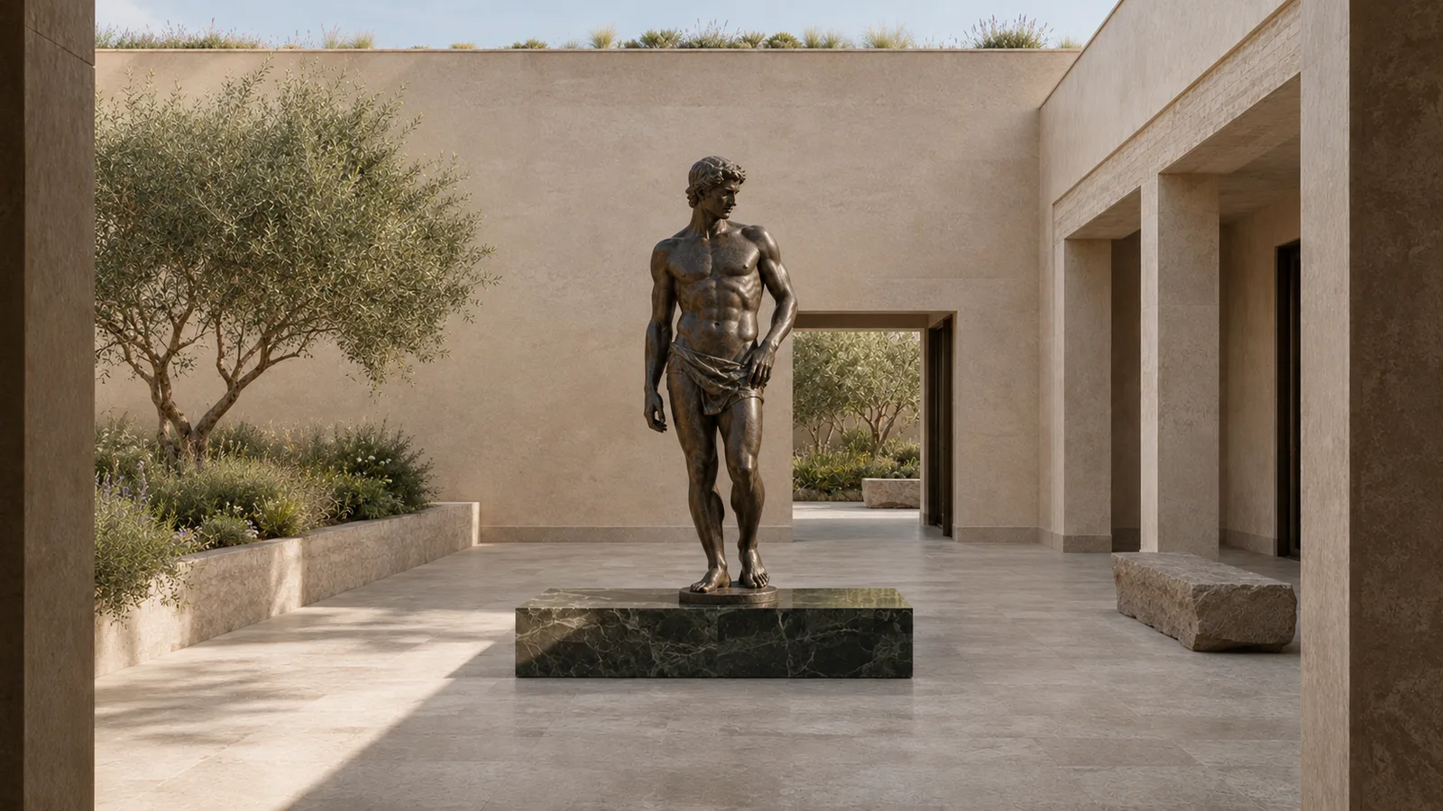 Bronze figure on a green marble plinth in a stone courtyard with an olive tree