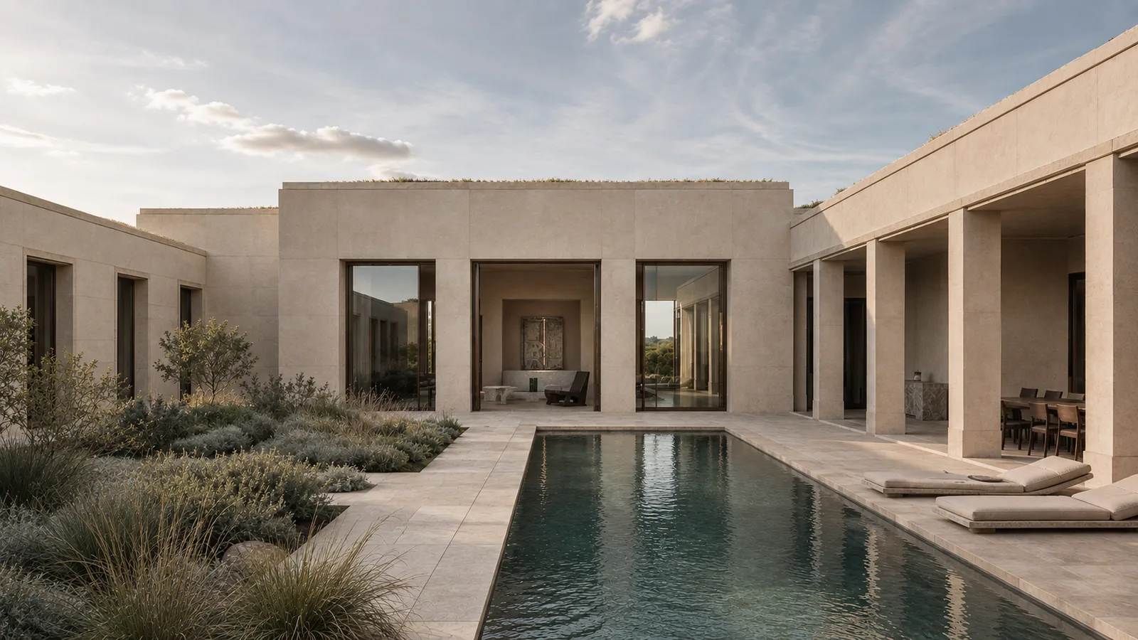 Residence courtyard with reflecting pool, stone loggia and native planting at dusk