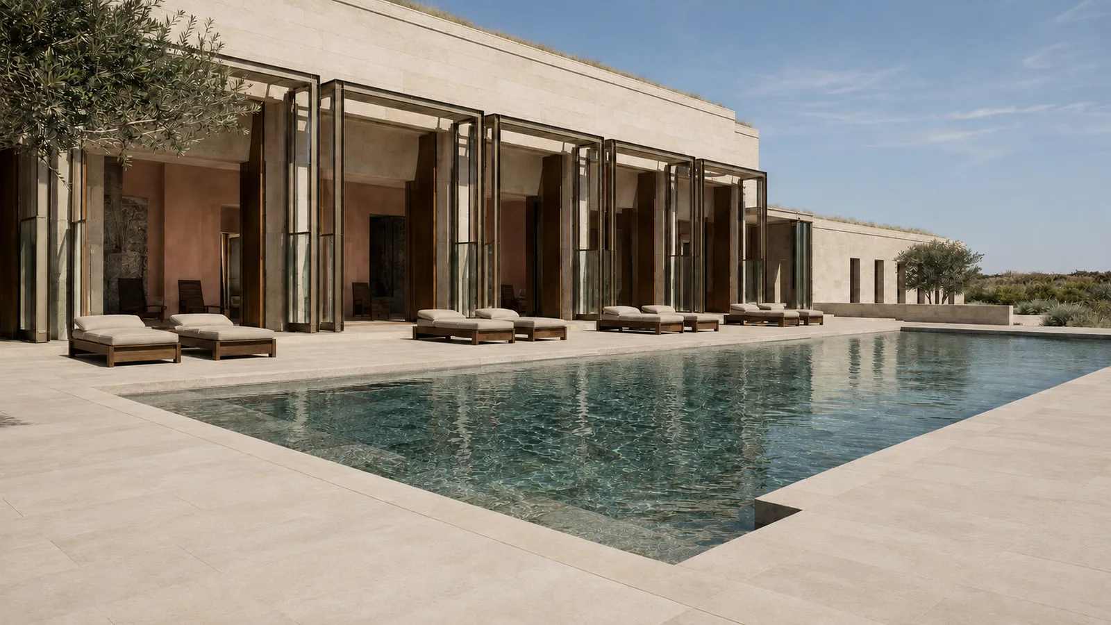 Stone terrace and long pool before a colonnade with bronze doors
