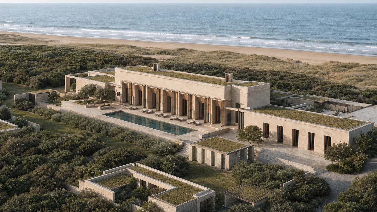 Concept study of the Praxis resort among the dunes facing the Río de la Plata
