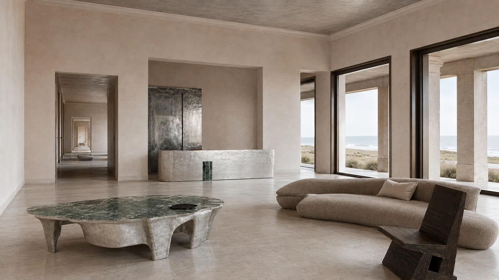 Plastered salon with a green marble table and tall doors open to the water