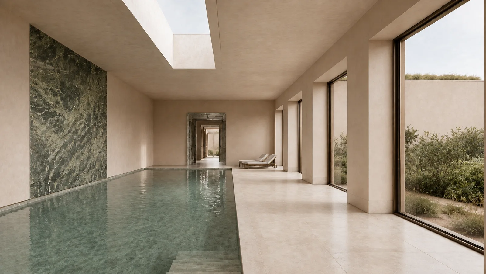 Indoor spa pool under a skylight with a green marble wall