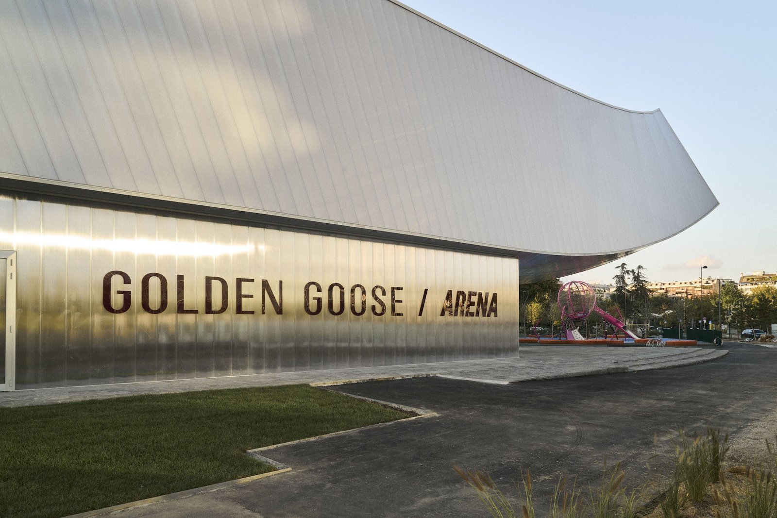Exterior of the Golden Goose Arena padel club in Milan's CityLife district