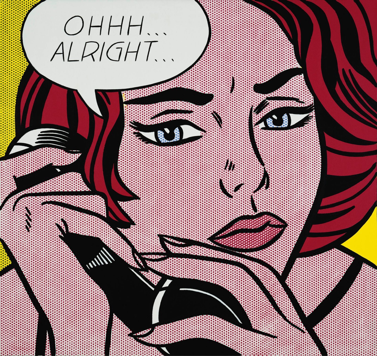 Roy Lichtenstein Pop painting with a stylised romance scene